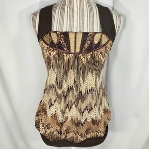 Mandee Brown Tan Gold Metallic Sequins Sleeveless Balloon Hem Top Size Medium